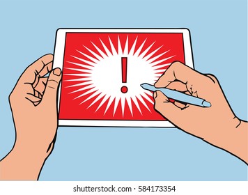The left hand of the man holding the tablet in hands. The right hand writes on the tablet screen, vector