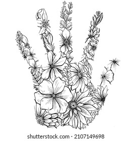 left hand palm illustration with flower drawing