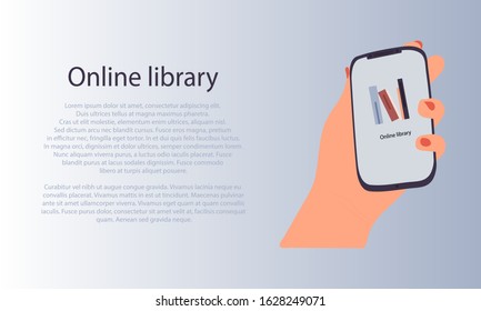 Left hand with a phone. Library on the phone. Online library. Banner. Vector. Flat cartoon style