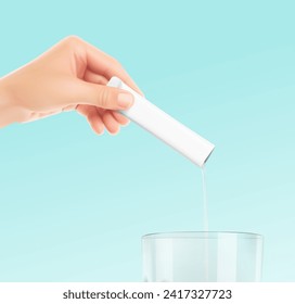 Left hand pours stick pack liquid into glass.Vector illustration on blue background. Ready for use in presentation, promo, advertising and more. EPS10.