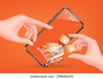 The left hand presses the order, the right hand holds the parcel box. floating from shopping carts and smartphones for online shopping concept,vector 3d on orange background for shopping on app