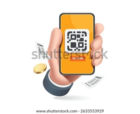 Left hand is raising smartphone to scan to buy things online or pay via QR code and a paper receipt comes out, vector 3d illustration isolated for paying and online shopping advertising concept