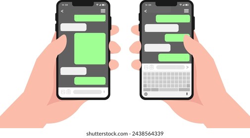 Linke Hand und rechte Hand, die den mobilen Chat-Bildschirm hält, flaches Design-Set isoliert, Chat auf dem Smartphone-Bildschirm. Hand hält Smartphone, Instant Messaging, SMS-Messenger-Benutzeroberflächen-Konzepte.