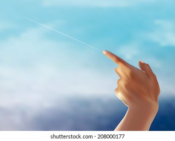 Left hand show the plane in the sky forefinger. Vector illustration