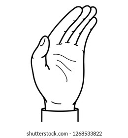 Left hand showing with open palm. Five fingers. Design element. Vector flat outline icon illustration isolated on white background.