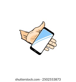 left hand showing the smartphone screen vector illustration