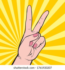 The Left Hand Shows Two Fingers. Pop Art Retro Illustration Comic Style Vector