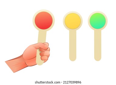 Left hand with signal flag of train conductor from railway. Object isolated on white background. Funny cartoon style. Vector.