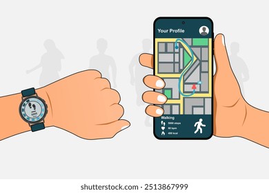 Mão esquerda com relógio inteligente e mão direita segurando um smartphone com app de rastreador de fitness para contar passos. Progresso do exercício ou conceito de controle de condicionamento físico. Ilustração vetorial.