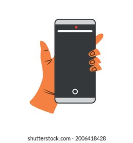 left hand with smartphone isolated icon