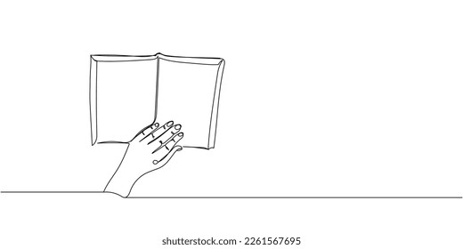 Left hand turning pages in a book one line art. Continuous line drawing of book, library, education, school, study, literature, paper, textbook, knowledge, read, learn, page, reading.