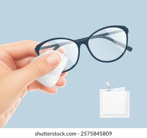 Left hand wipes glasses with a napkin with sachet mockup. Realistic vector illustration on a colour background. Ready for use in presentation, promo, advertising and more. EPS10.