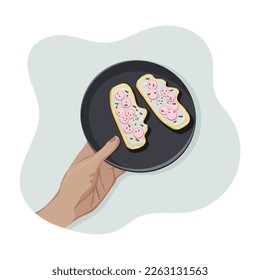 Left hand of young person keeps plate with healthy sandwish with radish and spring onion on wheat crispy bread. From the personal point of view. Result of cooking. Vector flat isolated concept