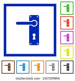 Left handed door handle with screws flat color icons in square frames on white background