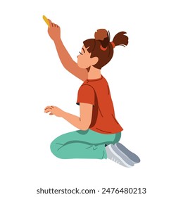 Chica zurda dibujando con tiza de pie en las rodillas Ilustración vectorial de color plano. Icono de concepto de pared decorativa de artista infantil sobre fondo blanco