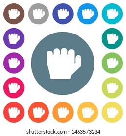Left handed grab gesture flat white icons on round color backgrounds. 17 background color variations are included.