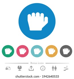 Left handed grab gesture flat white icons on round color backgrounds. 6 bonus icons included.