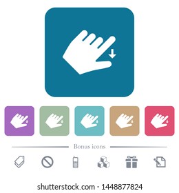 Left handed move down gesture white flat icons on color rounded square backgrounds. 6 bonus icons included