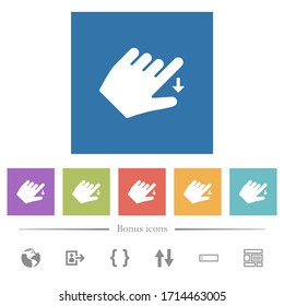 Left handed move down gesture flat white icons in square backgrounds. 6 bonus icons included.