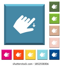 Desplazamiento de la izquierda hacia abajo iconos de gesto blanco sobre botones cuadrados de borde en varios colores de moda