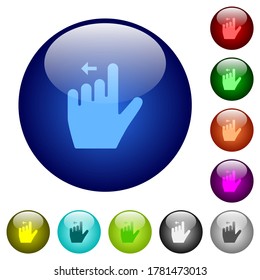 Left handed move left gesture icons on round glass buttons in multiple colors. Arranged layer structure