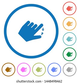 Left handed pinch close gesture flat color vector icons with shadows in round outlines on white background