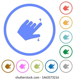 Left handed pinch open gesture flat color vector icons with shadows in round outlines on white background