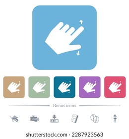 Left handed pinch open gesture white flat icons on color rounded square backgrounds. 6 bonus icons included