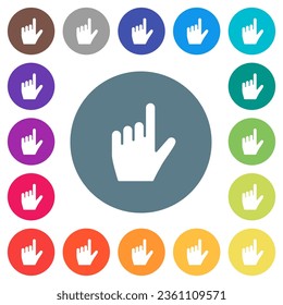 left handed pointing gesture flat white icons on round color backgrounds. 17 background color variations are included.