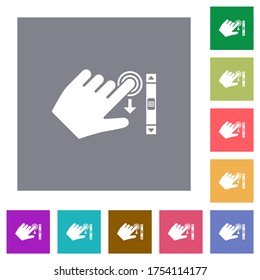 Left handed scroll down gesture flat icons on simple color square backgrounds