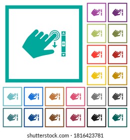 Desplazamiento con la mano izquierda hacia abajo gesto iconos de color plano con marcos cuadrantes sobre fondo blanco
