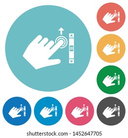 Left handed scroll up gesture flat white icons on round color backgrounds