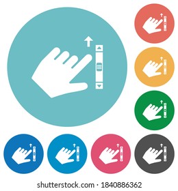 Left handed scroll up gesture flat white icons on round color backgrounds