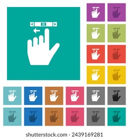 Left handed scroll left gesture multi colored flat icons on plain square backgrounds. Included white and darker icon variations for hover or active effects.