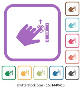 Left handed scroll up gesture simple icons in color rounded square frames on white background