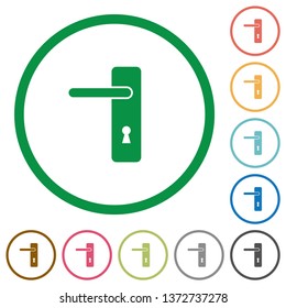 Left handed simple door handle flat color icons in round outlines on white background