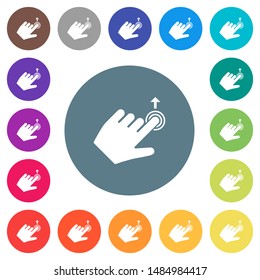 Left handed slide up gesture flat white icons on round color backgrounds. 17 background color variations are included.