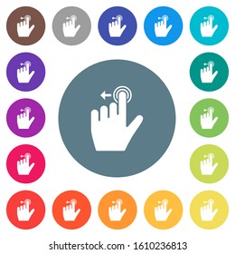 Left handed slide left gesture flat white icons on round color backgrounds. 17 background color variations are included.