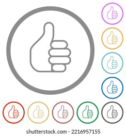 Left handed thumbs up outline flat color icons in round outlines on white background