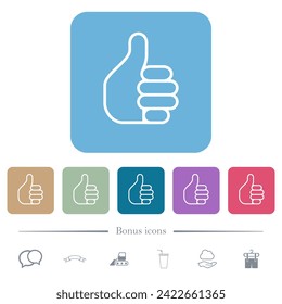 Left handed thumbs up outline white flat icons on color rounded square backgrounds. 6 bonus icons included