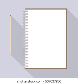 to left handed top view of flat vector design pencil and notebook with blank white sheet on background with long shadow effect
