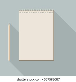 to left handed top view of flat vector design pencil and blank kraft paper notebook on background with long shadow effect