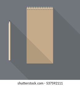 to left handed top view of flat vector design pencil and blank kraft paper notebook on background with long shadow effect