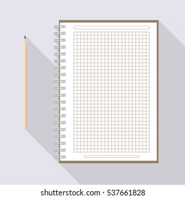 to left handed top view of flat vector pencil near notebook with blank checkered white sheet on background with long shadow effect