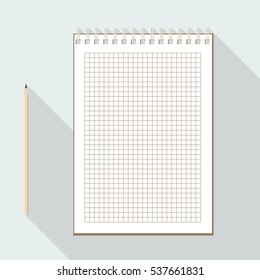 to left handed top view of flat vector pencil near notebook with blank checkered white sheet on background with long shadow effect