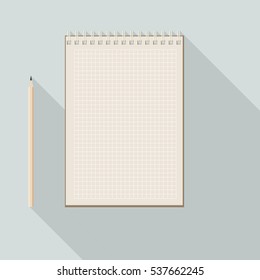 to left handed top view of flat vector pencil near blank checkered kraft paper notebook on background with long shadow effect