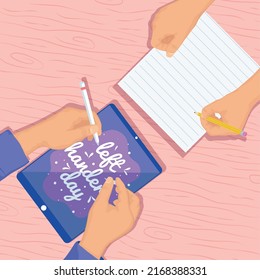 left handers day lettering template with hands writing
