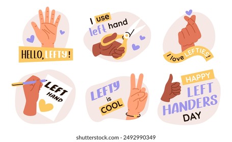 Left handers day stickers. Group of vector illustration of left hand. Concept of celebration lefty people day.