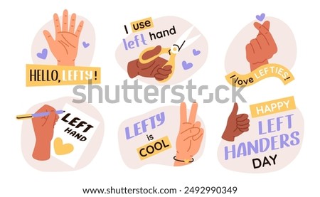 Left handers day stickers. Group of vector illustration of left hand. Concept of celebration lefty people day.