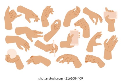 Left Hands poses Gesture  holding   pointing gestures  fingers crossed  fist  peace   thumb up  Cartoon human palms   wrist vector set  Communication talking for messengers  Lefthanders Day